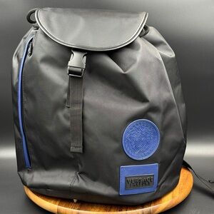 VERSACE MEDUSA PARFUMS NEW Black Blue nylon drawstring logo large backpack
